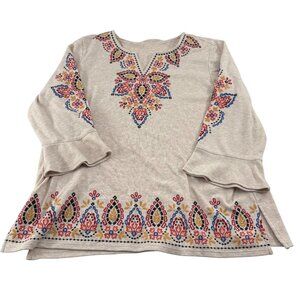 Alfred Dunner Women's Embroidered Floral Tunic Top‎ M Beige Boho Pullover